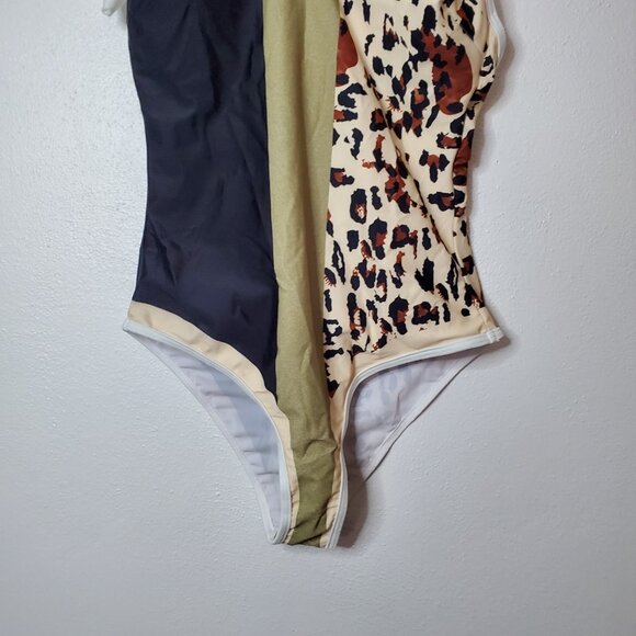 Swimsuit Womens Sz M Green Tan Animal Print One Piece Tie at Shoulder Bows - Picture 4 of 11